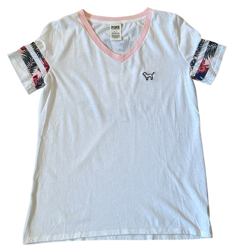 #83 PINK Victoria's Secret Tropical Hibiscus V-Neck Tee in White